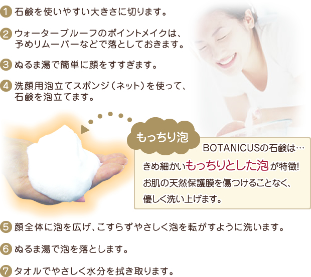 （1）石鹸を使いやすい大きさに切ります。（2）ウォータープルーフのポイントメイクは、予めリムーバーなどで落としておきます。　（3）ぬるま湯で簡単に顔をすすぎます。　（4）洗顔用スポンジ（ネット）を使って、石鹸を泡立てます。BOTANICUSの石鹸はきめ細かいもっちりとした泡が特徴１お肌の天然保護膜を傷つけることなく、優しく洗い上げます。　（5）顔全体に泡を広げ、こすらずやさしく泡を転がすように洗います。　（6）ぬるま湯で泡を落とします。　（7）タオルでやさしく水分を拭き取ります。
