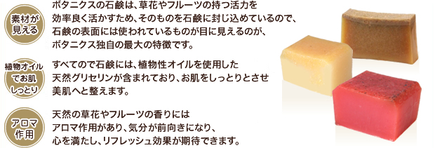 素材が見える：ボタニクスの石鹸は、草花やフルーツの持つ活力を効率良く活かすため、そのものを石鹸に封じ込めているので、石鹸の表面には使われているものが目に見えるのが、ボタニクス独自の最大の特徴です。　オリーブでお肌しっとり：すべてので石鹸には、植物性オイルを使用した天然グリセリンが含まれており、お肌をしっとりとさせ美肌へと整えます。　アロマ作用：天然の草花やフルーツの香りにはアロマ作用があり、気分が前向きになり、心を満たし、リフレッシュ効果が期待できます。